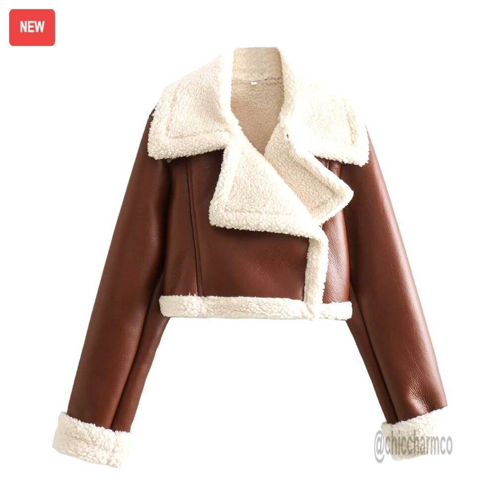 Faux Leather Moto Jacket Cropped Shearling Lined Y2K Streetwear Punk Style